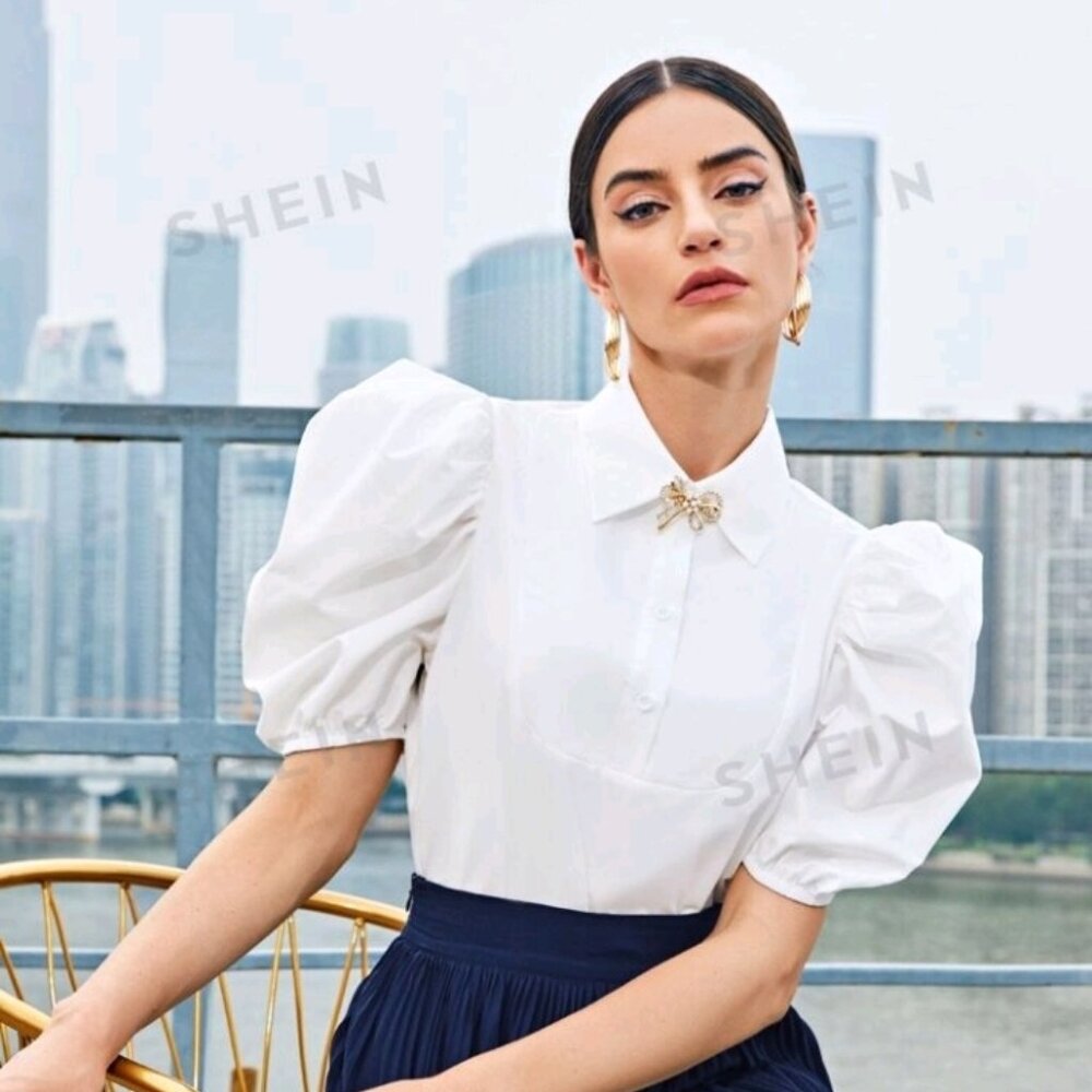 Puff Sleeve Half Button Bow Front Crop Top
